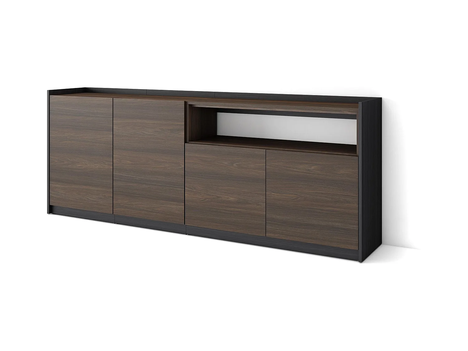 Dressoir, Opbergkast, 207x80x37 cm, 4 Deuren, Woonkamer, hal, Donkere eik en Zwart