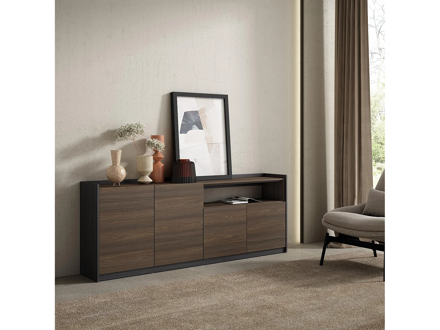 Dressoir, Opbergkast, 207x80x37 cm, 4 Deuren, Woonkamer, hal, Donkere eik en Zwart