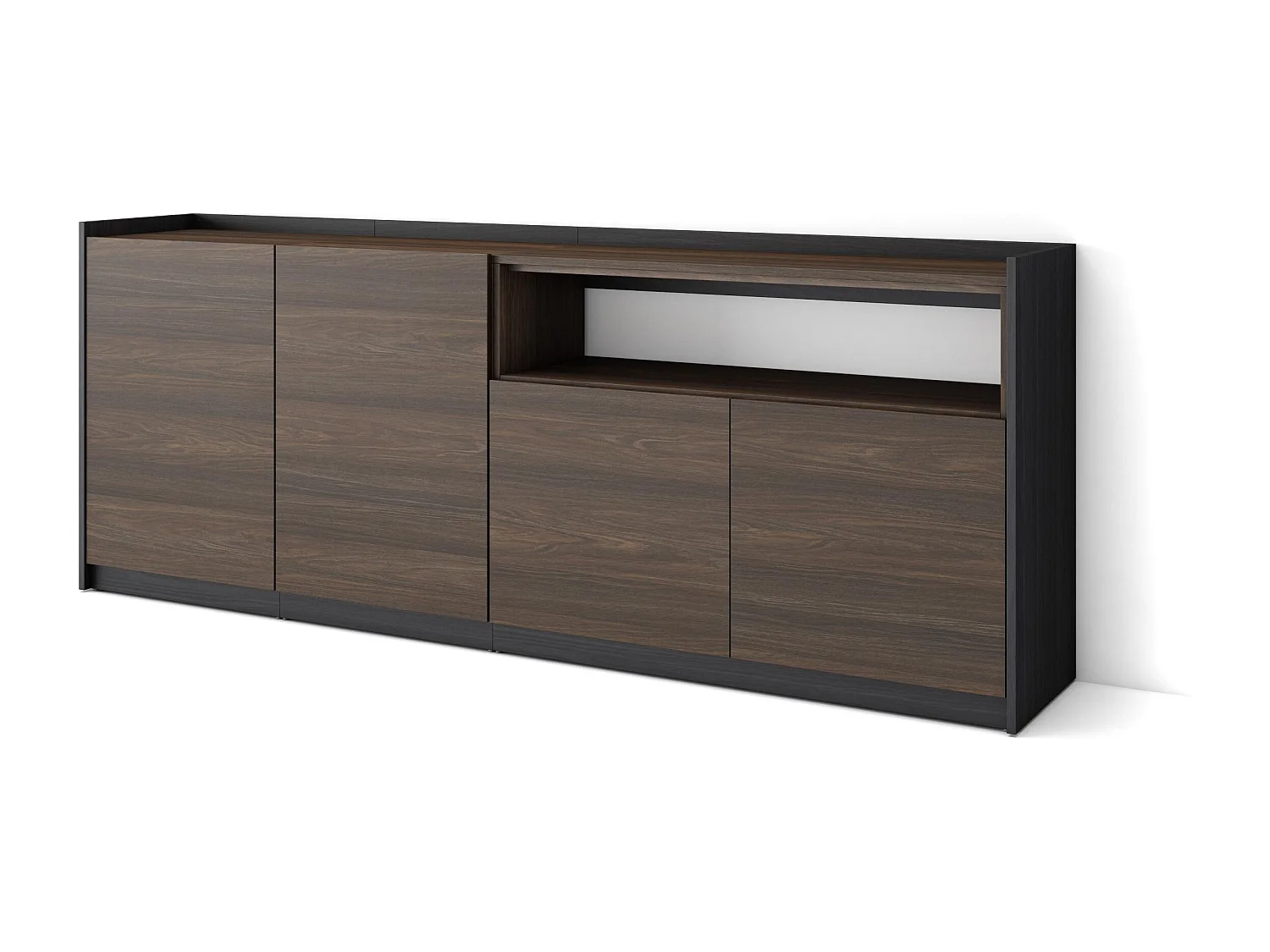 Dressoir, Opbergkast, 207x80x37 cm, 4 Deuren, Woonkamer, hal, Donkere eik en Zwart