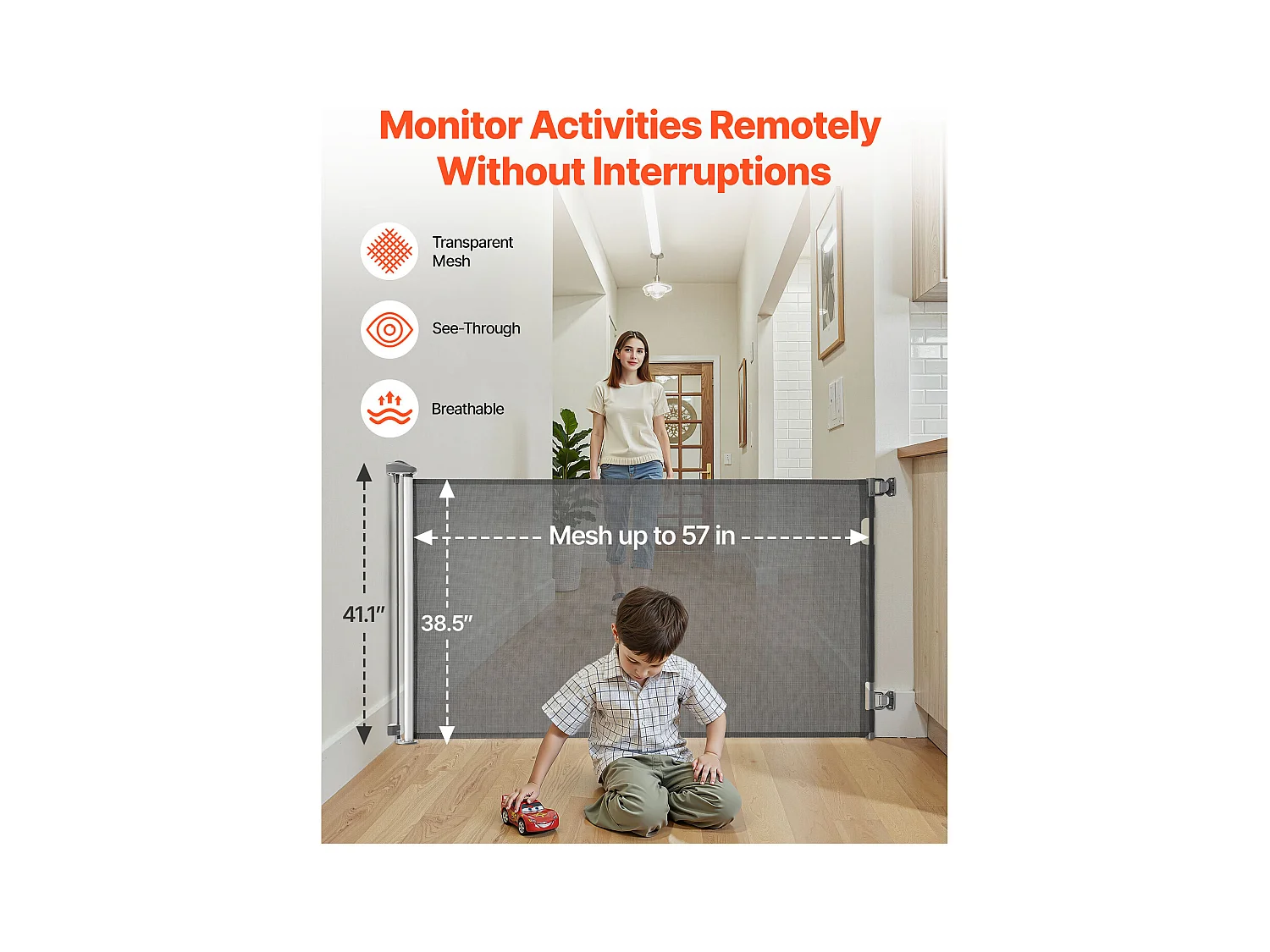 Sicherheitsbarriere SucceBuy Erweiterbar, Zaun aus Mesh 145 cm Breit und 98 cm Hoch, Barriere Retraktil für Haustiere, Ideal für Hunde und Katzen