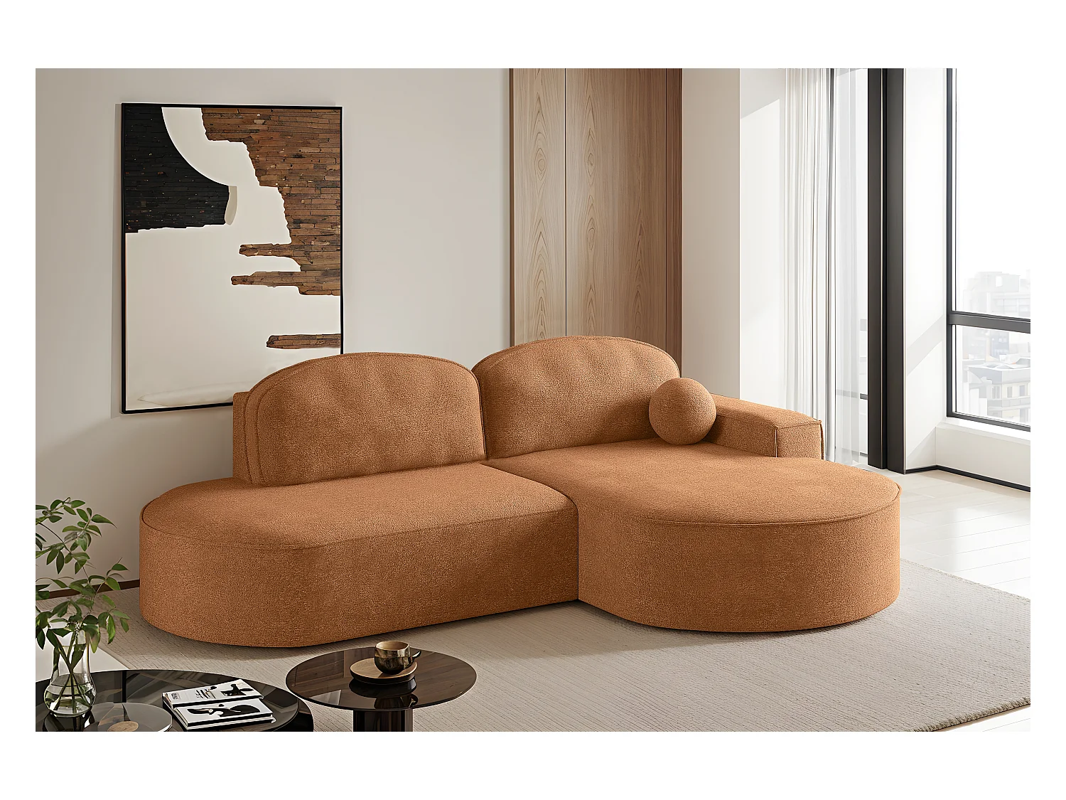 Canapé d'angle avec fonction couchage et coffre de lit Modena Round tissu Arena Orange Droite