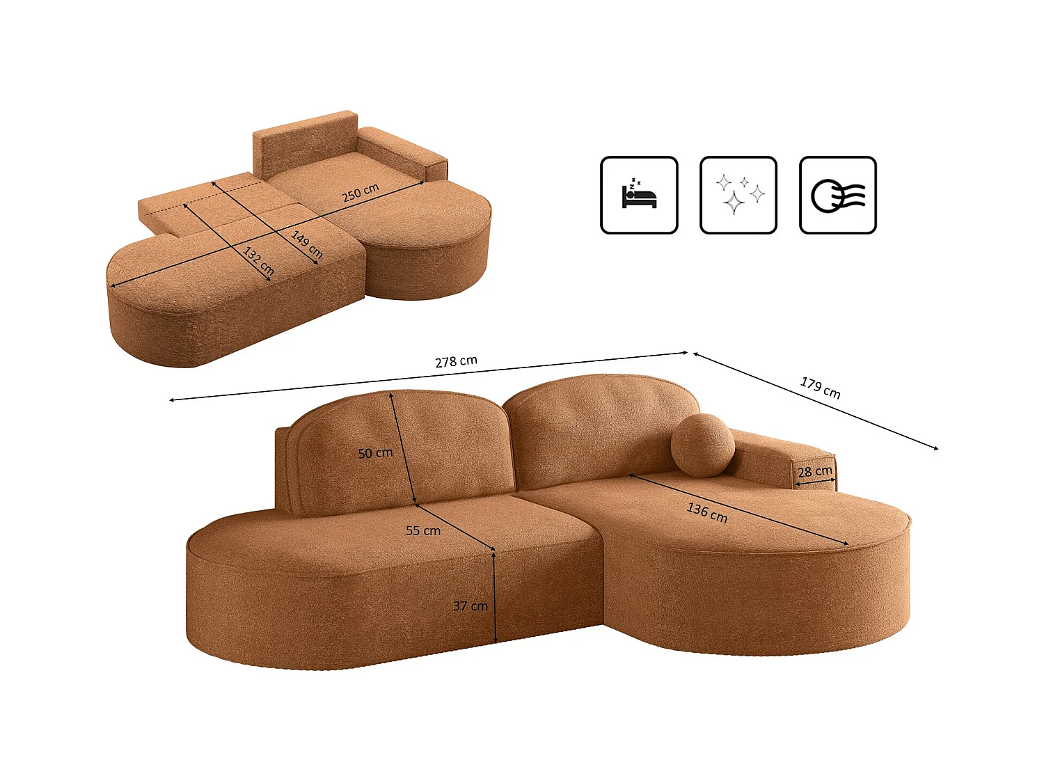 Canapé d'angle avec fonction couchage et coffre de lit Modena Round tissu Arena Orange Droite