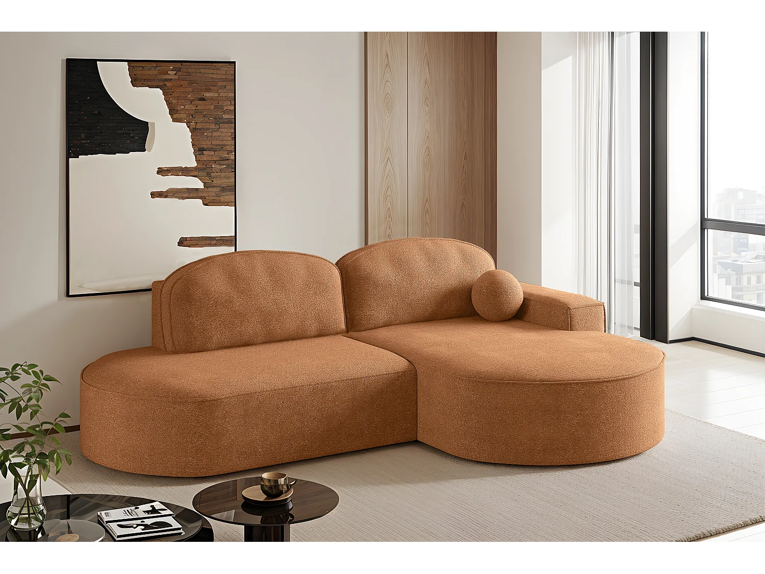 Canapé d'angle avec fonction couchage et coffre de lit Modena Round tissu Arena Orange Droite