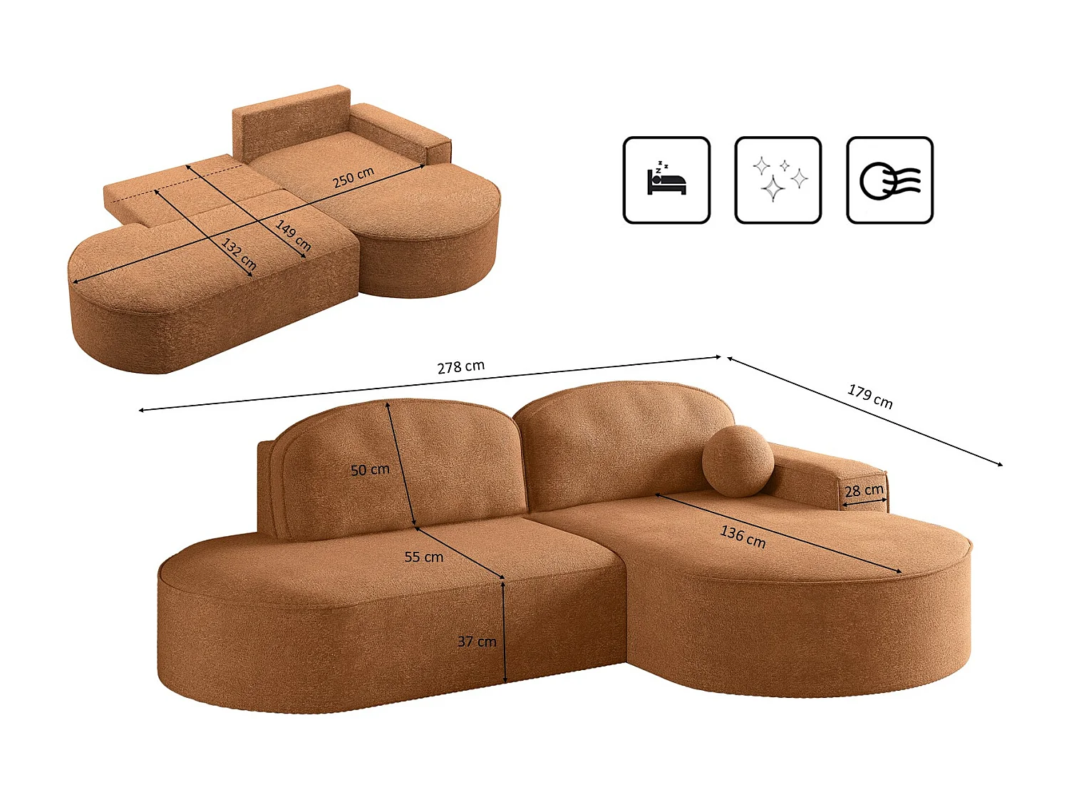 Canapé d'angle avec fonction couchage et coffre de lit Modena Round tissu Arena Orange Droite