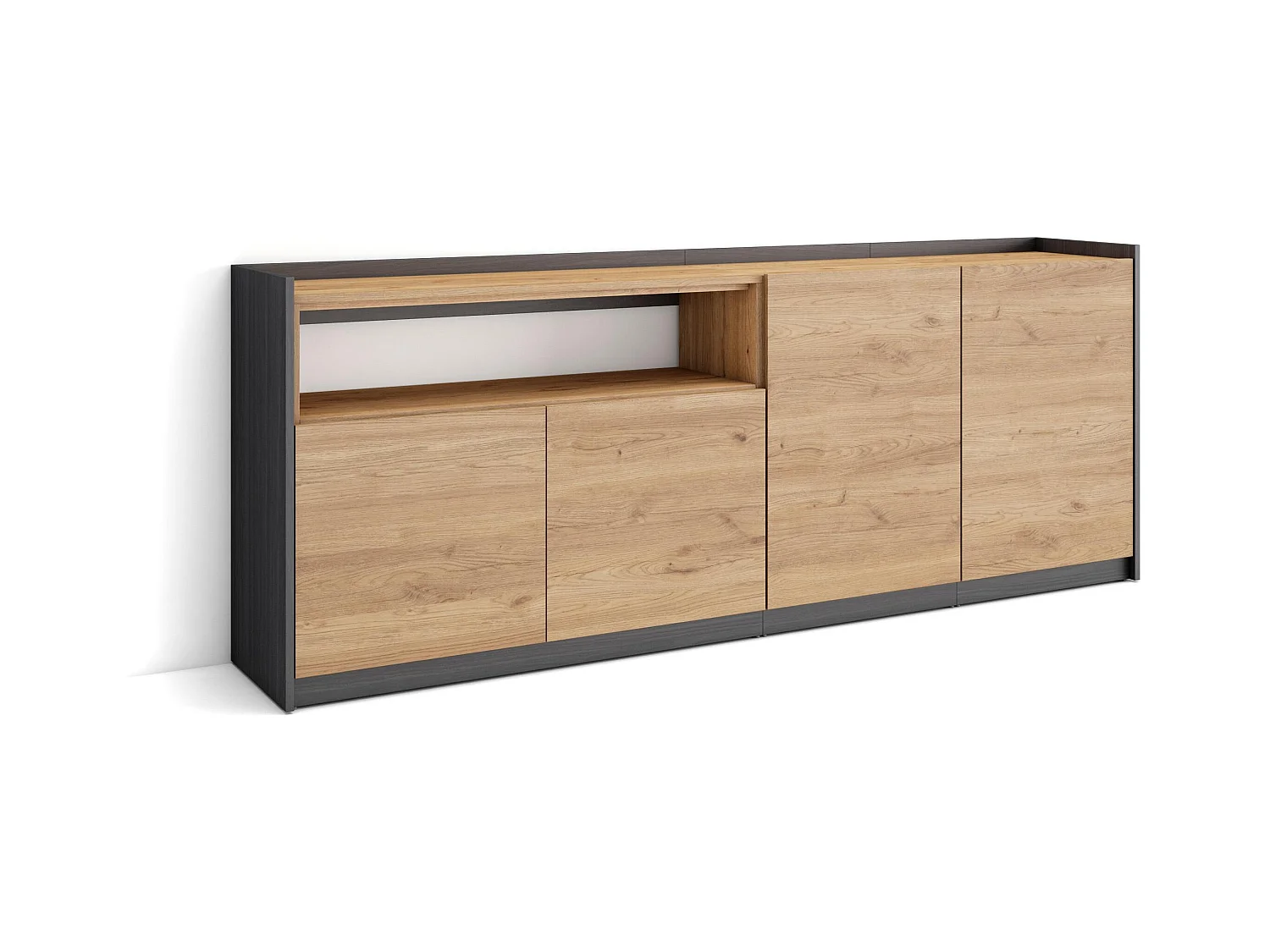 Buffet salon et cuisine, 207x80x37 cm, 4 Portes, Meuble chaussure, Chêne et noir