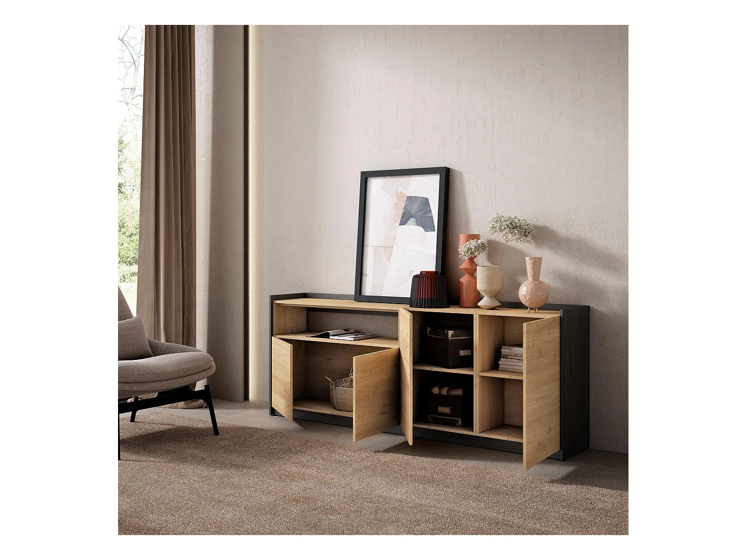 Buffet salon et cuisine, 207x80x37 cm, 4 Portes, Meuble chaussure, Chêne et noir