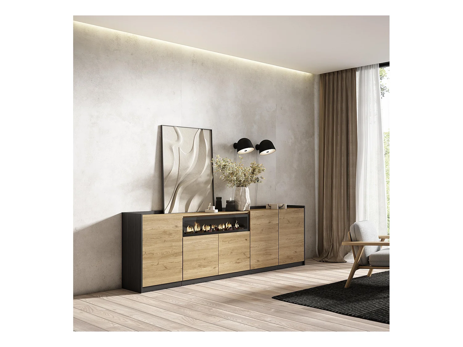 Buffet salon et cuisine, 260x80x37 cm, 5 Portes, Cheminée électrique, Chêne et noir