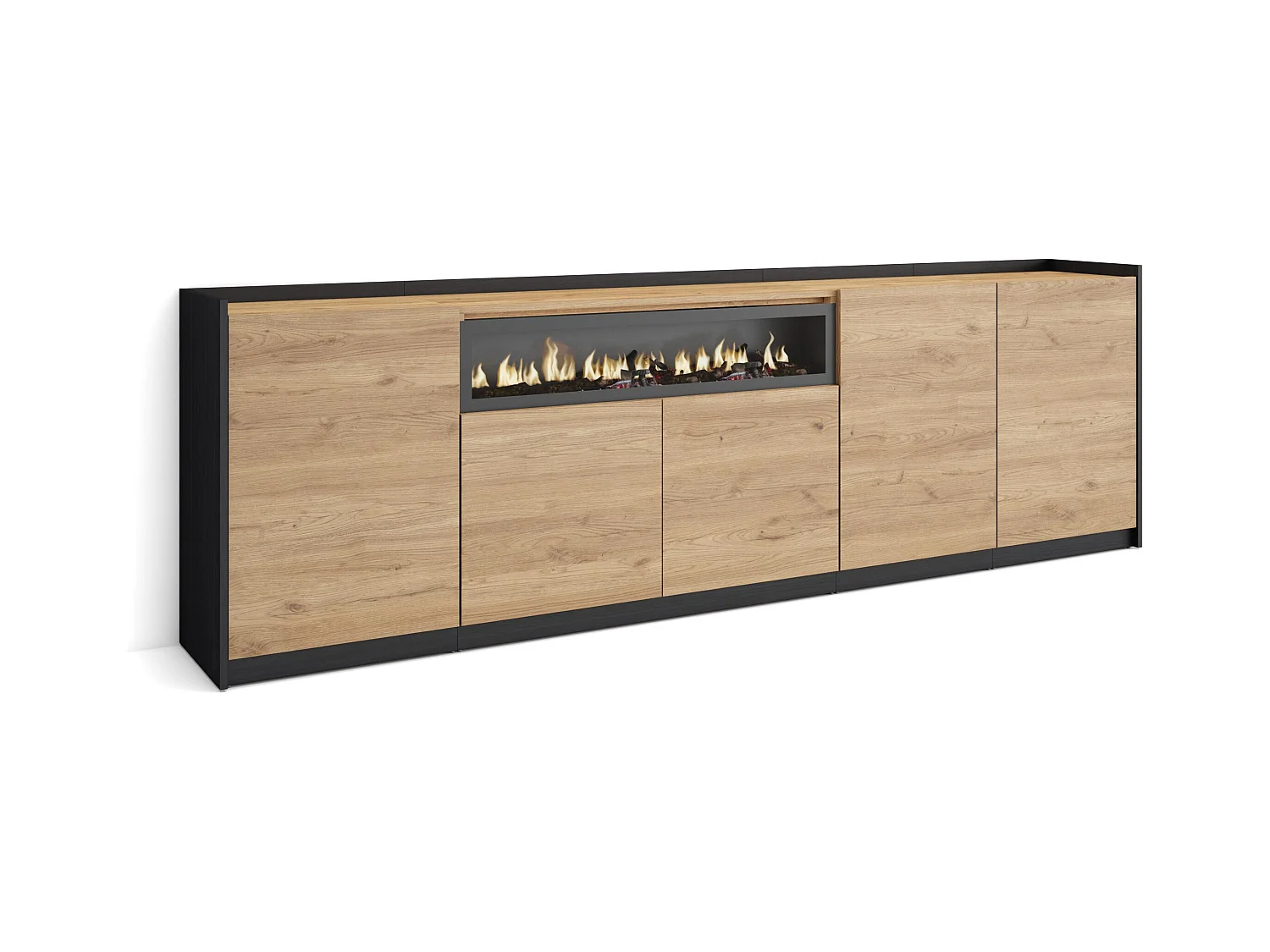 Buffet salon et cuisine, 260x80x37 cm, 5 Portes, Cheminée électrique, Chêne et noir