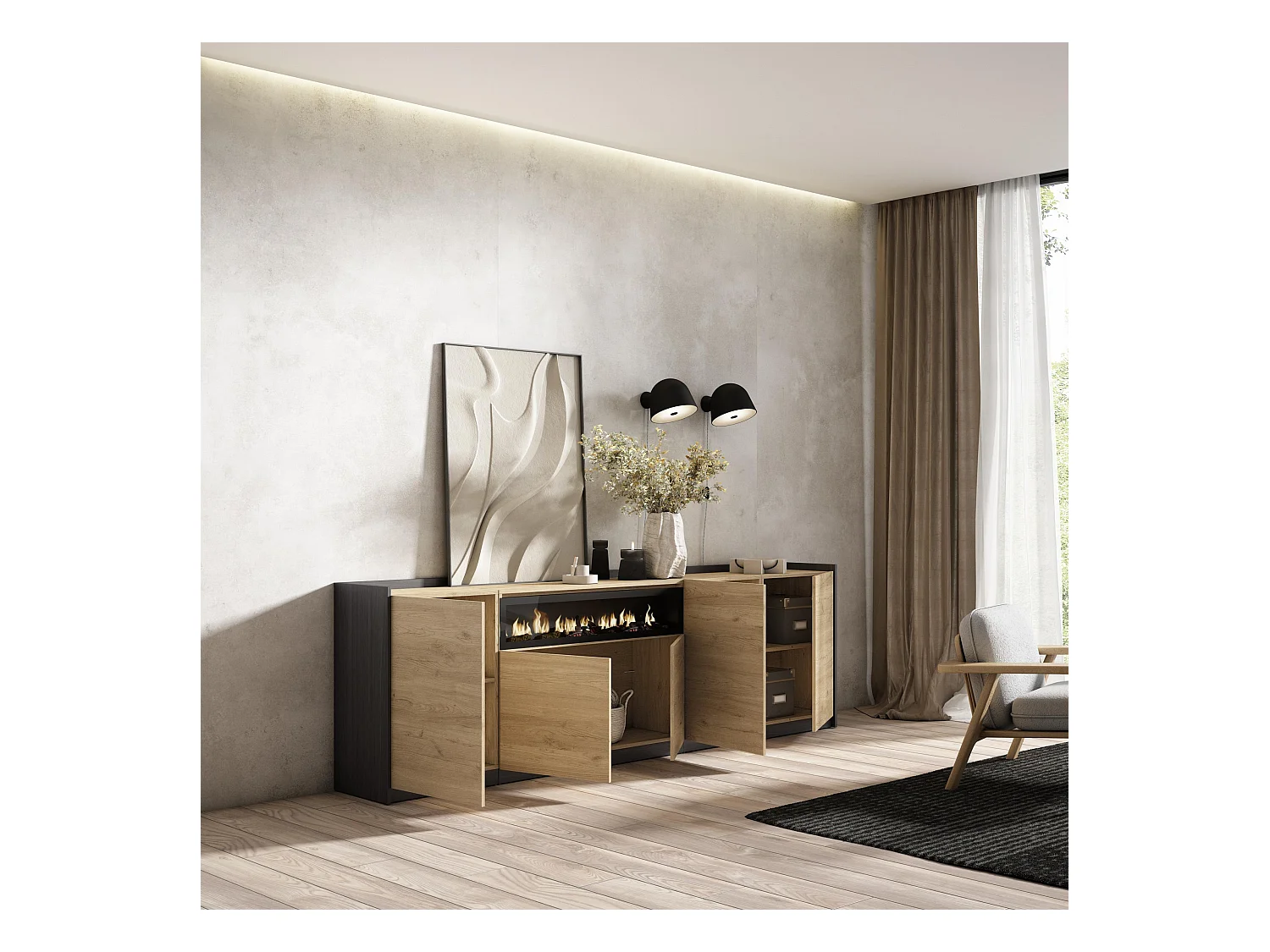 Buffet salon et cuisine, 260x80x37 cm, 5 Portes, Cheminée électrique, Chêne et noir