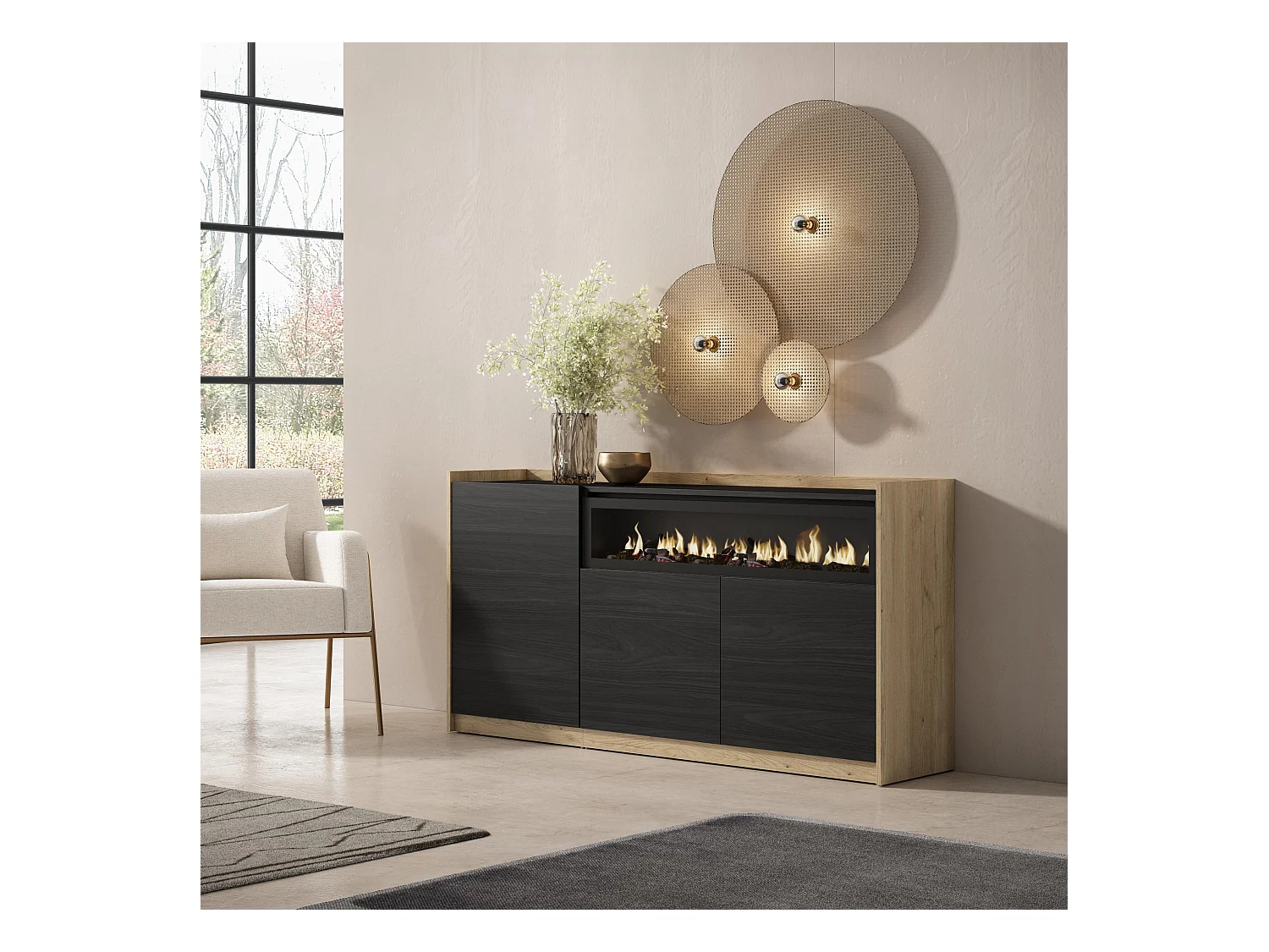 Buffet salon et cuisine, 156x80x37 cm, 3 Portes, Cheminée électrique, Noir et chêne