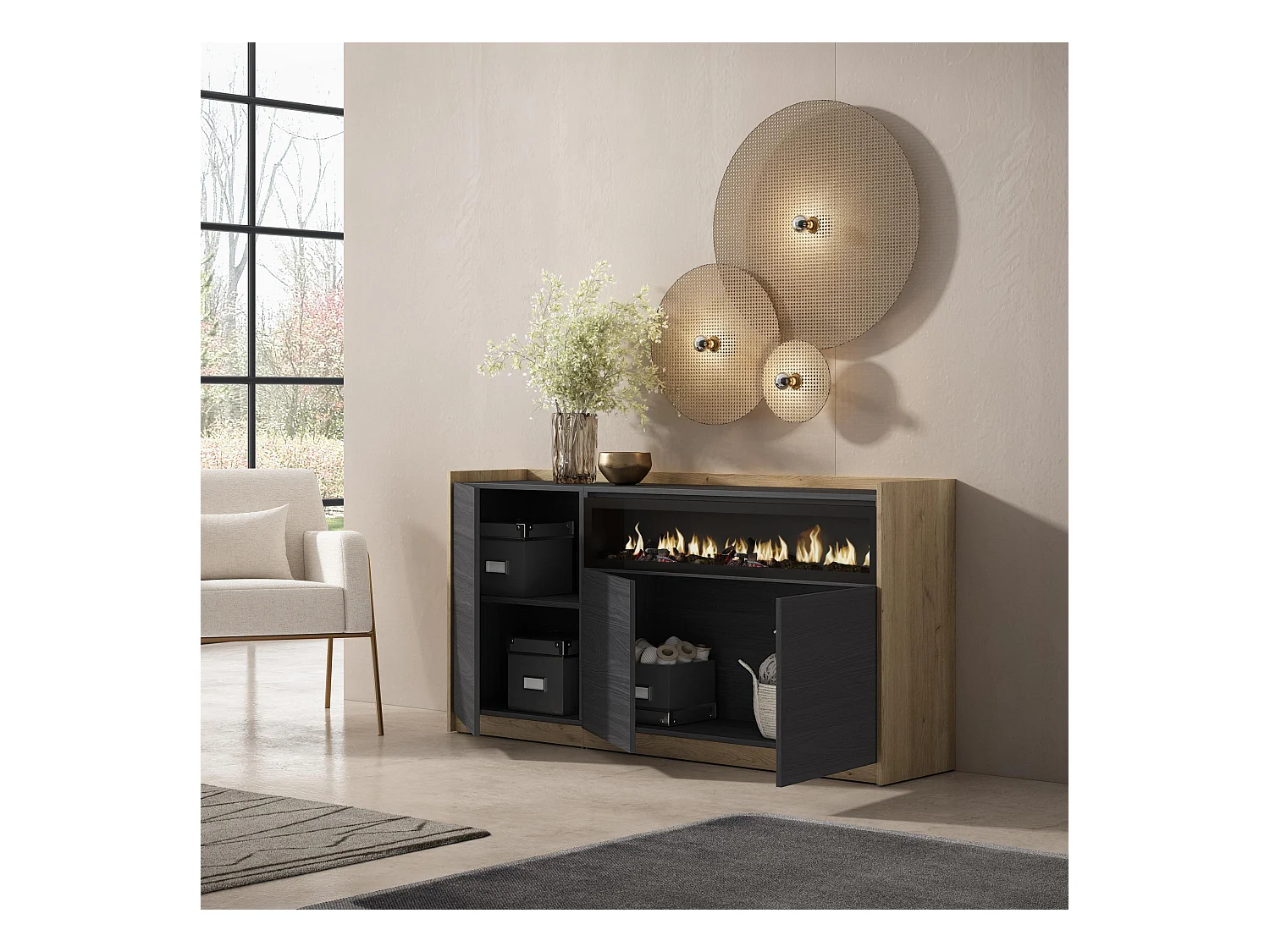 Buffet salon et cuisine, 156x80x37 cm, 3 Portes, Cheminée électrique, Noir et chêne