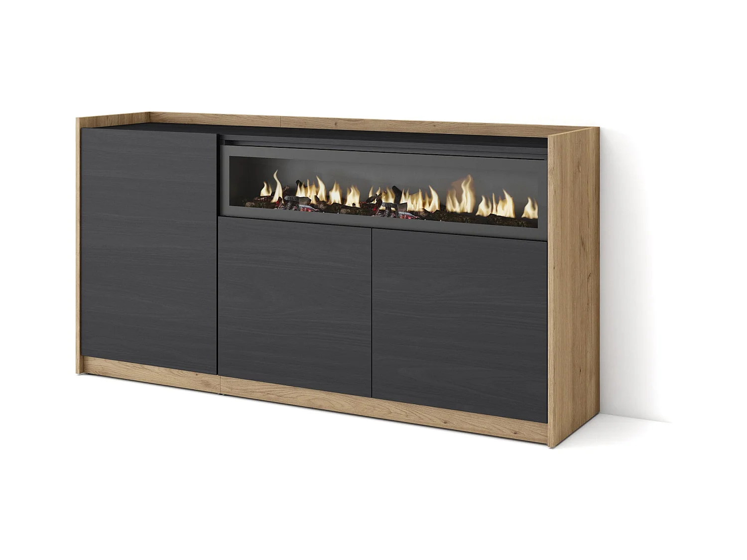 Credenza, Mobile, Cucina, 156x80x37 cm, 3 Porte, Camino elettrico, Nero e rovere