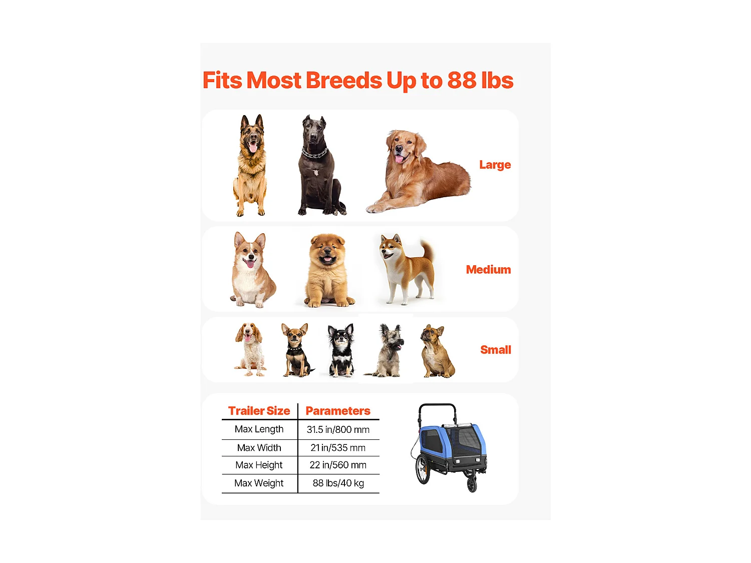 Remorque vélo SucceBuy pour Chien, Charge 40 kg, Poussette d'Animaux de Compagnie 2 en 1, Cadre Pliable Facile avec Roue à Dégagement Rapide