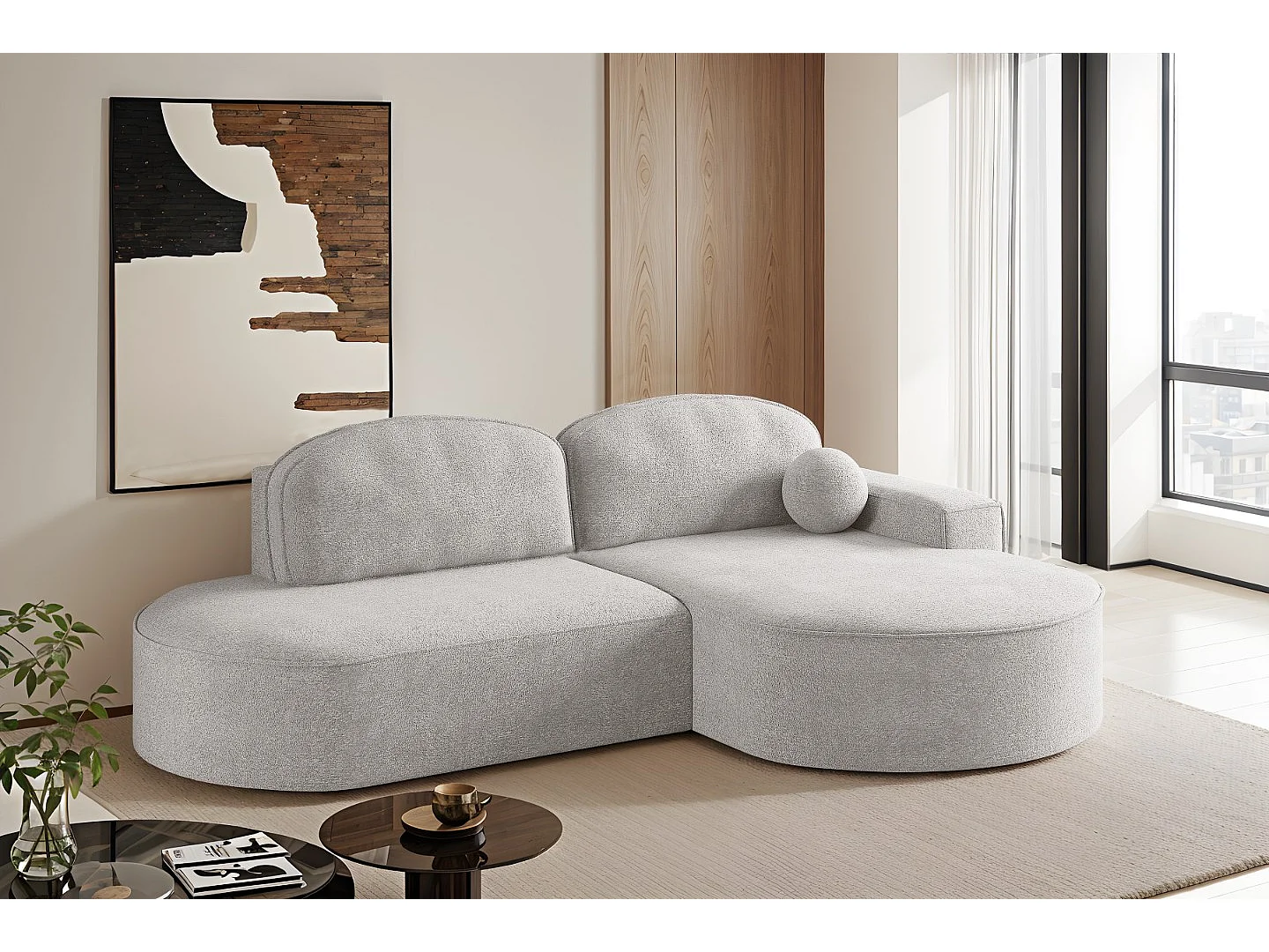 Canapé d'angle avec fonction couchage et coffre de lit Modena Round tissu Arena Gris Clair Droite