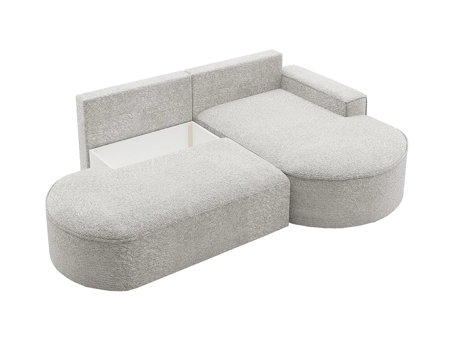 Canapé d'angle avec fonction couchage et coffre de lit Modena Round tissu Arena Gris Clair Droite