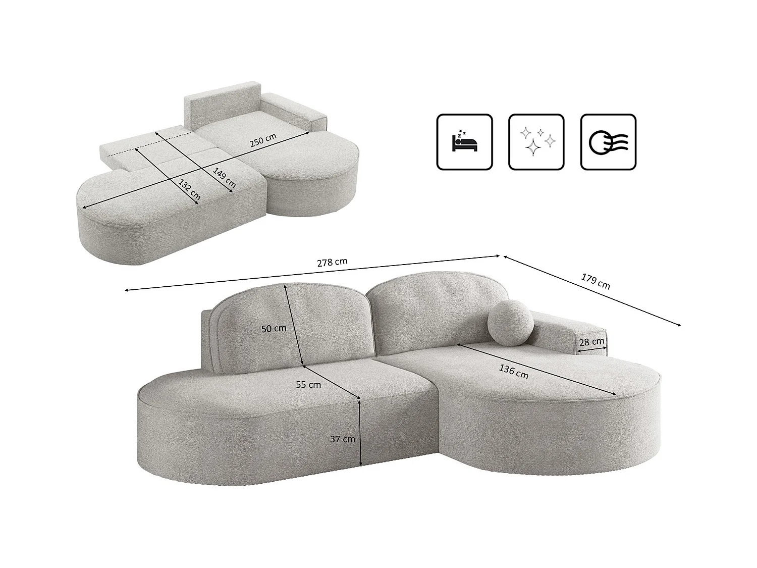Canapé d'angle avec fonction couchage et coffre de lit Modena Round tissu Arena Gris Clair Droite