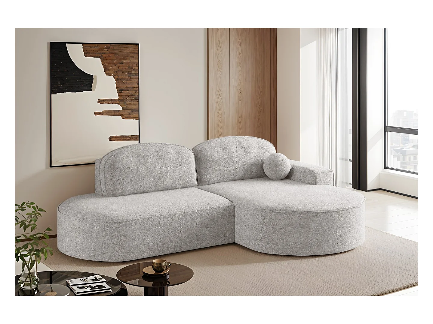Divano angolare con funzione letto e contenitore Modena Round tessuto Arena Grigio Chiaro Destra