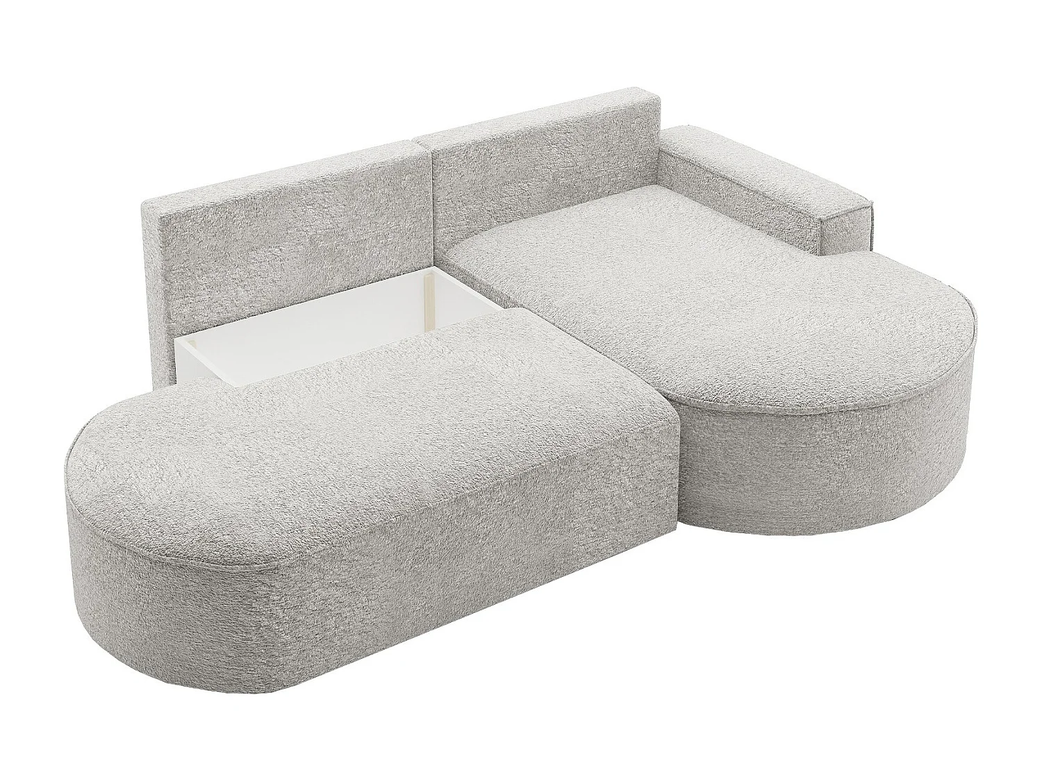 Canapé d'angle avec fonction couchage et coffre de lit Modena Round tissu Arena Gris Clair Droite