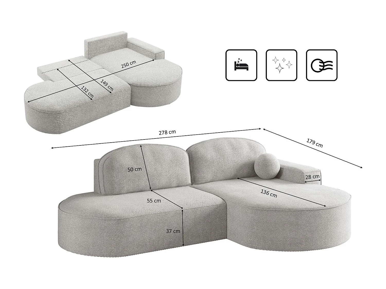 Canapé d'angle avec fonction couchage et coffre de lit Modena Round tissu Arena Gris Clair Droite