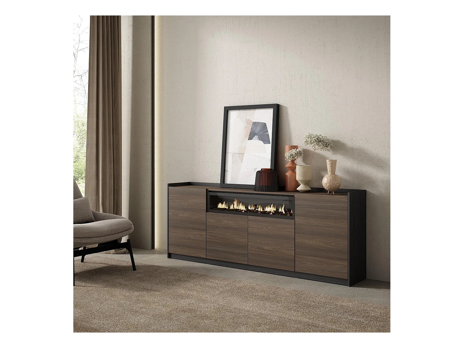 Buffet salon et cuisine, 207x80x37 cm, 4 Portes, Cheminée électrique, Chêne foncé et Noir