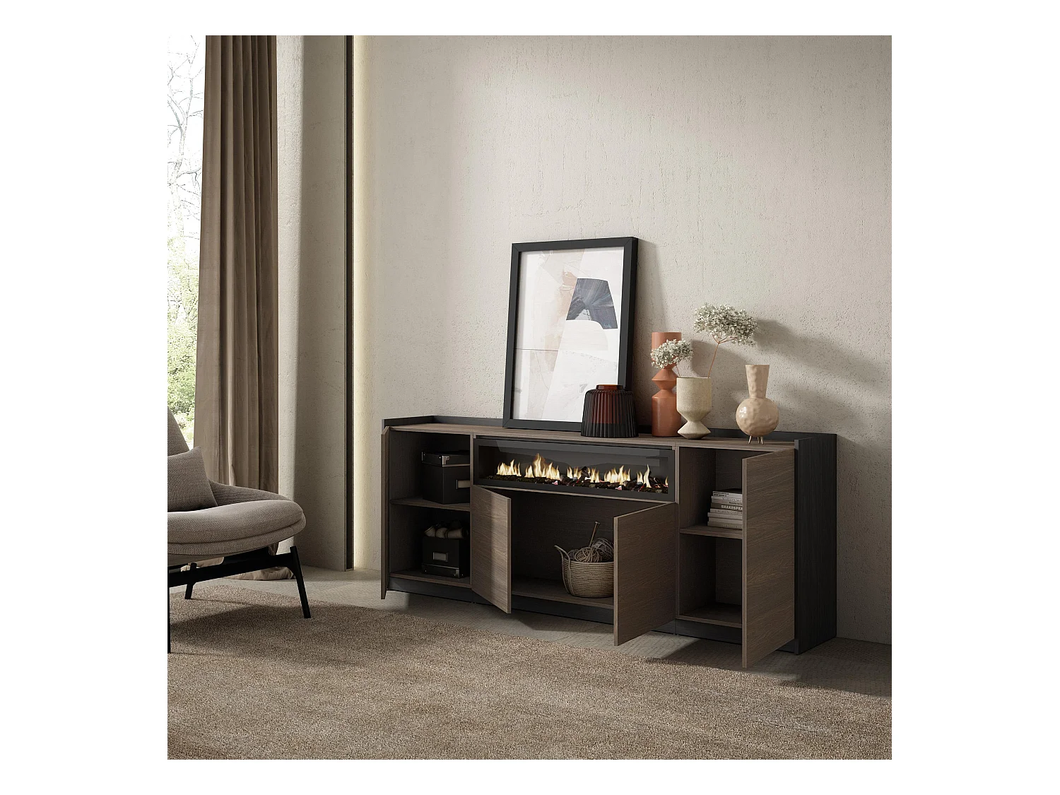 Buffet salon et cuisine, 207x80x37 cm, 4 Portes, Cheminée électrique, Chêne foncé et Noir