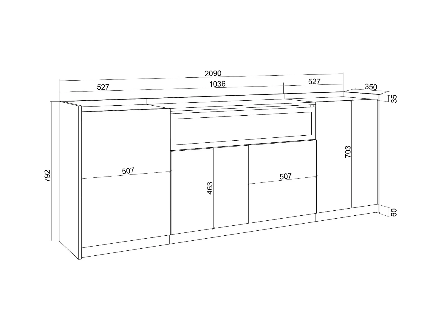 Buffet salon et cuisine, 207x80x37 cm, 4 Portes, Cheminée électrique, Chêne foncé et Noir