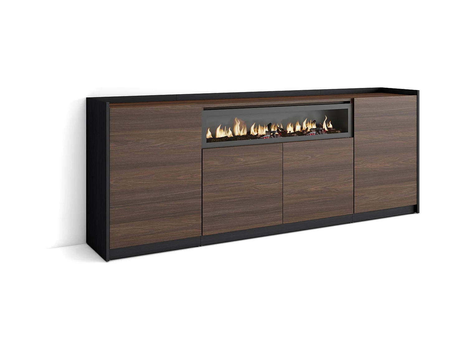 Sideboard, Highboard, 207x80x37 cm, 4 Türen, Elektrokamin., Dunkler Eiche und Schwarz