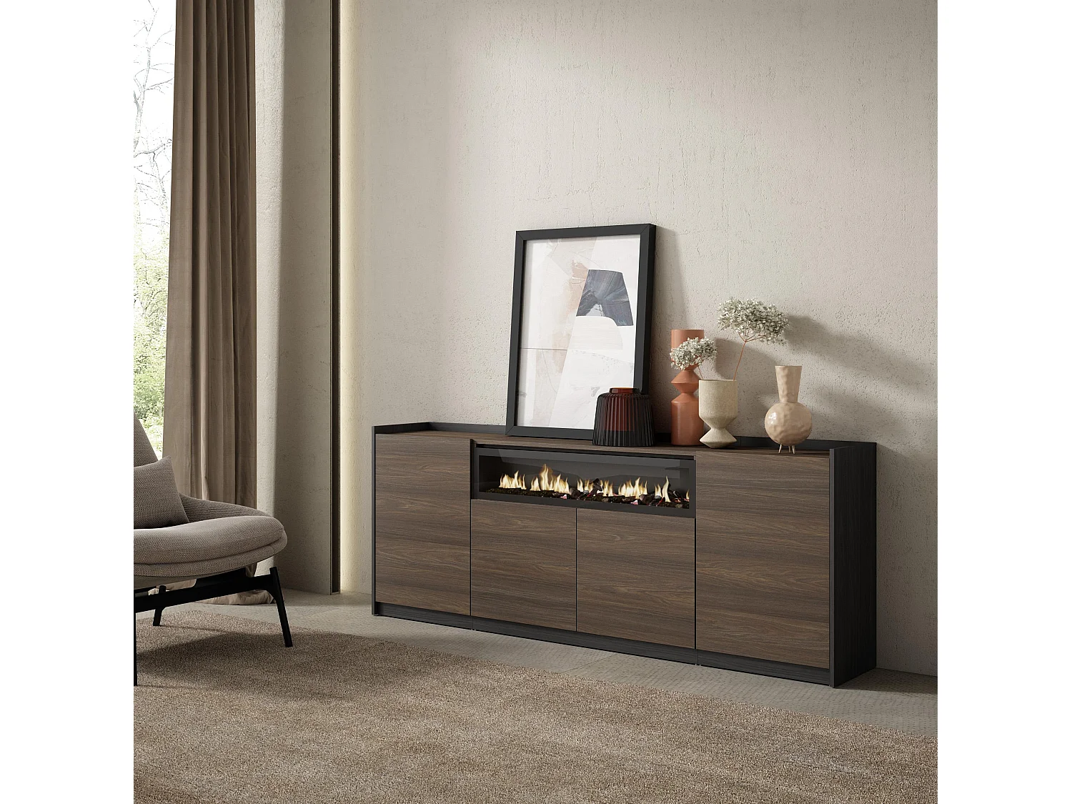 Dressoir, Opbergkast, 207x80x37 cm, 4 Deuren, Elektrische haard, Donkere eik en Zwart