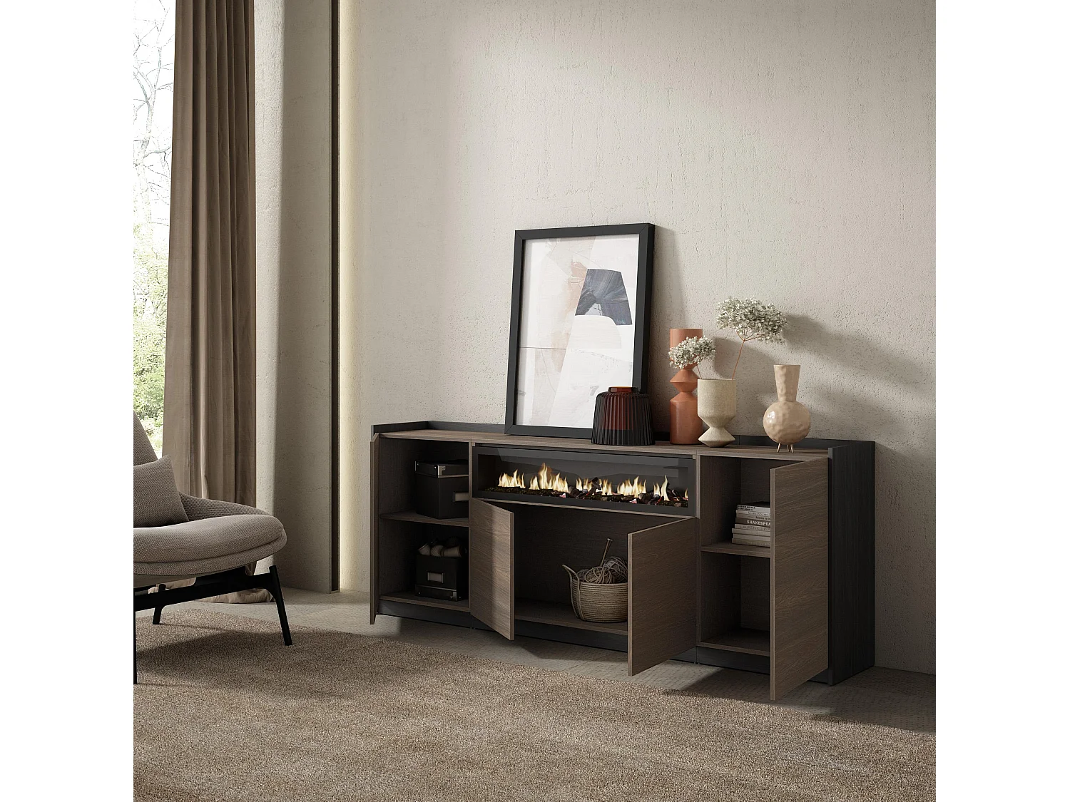 Dressoir, Opbergkast, 207x80x37 cm, 4 Deuren, Elektrische haard, Donkere eik en Zwart