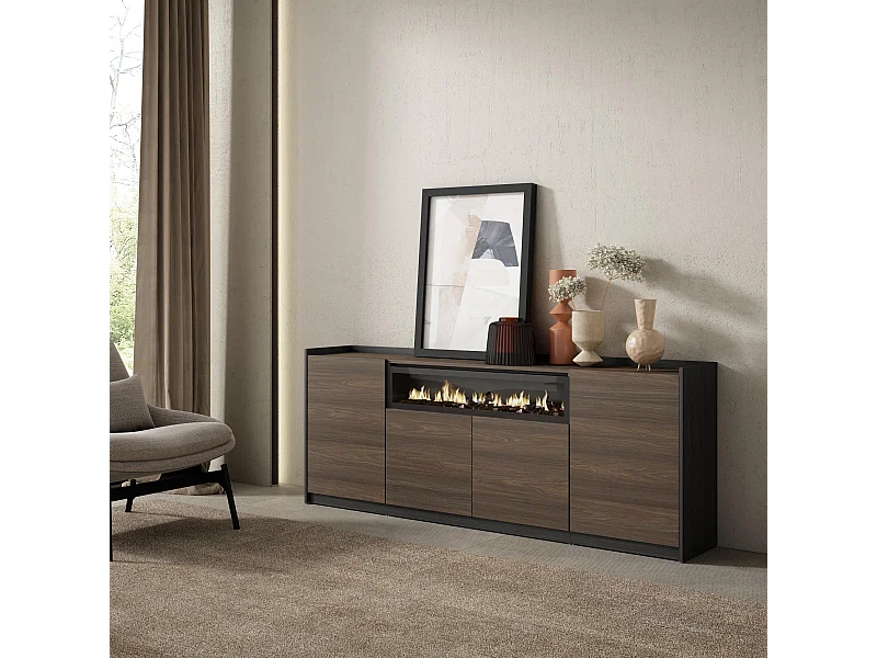 Dressoir, Opbergkast, 207x80x37 cm, 4 Deuren, Elektrische haard, Donkere eik en Zwart