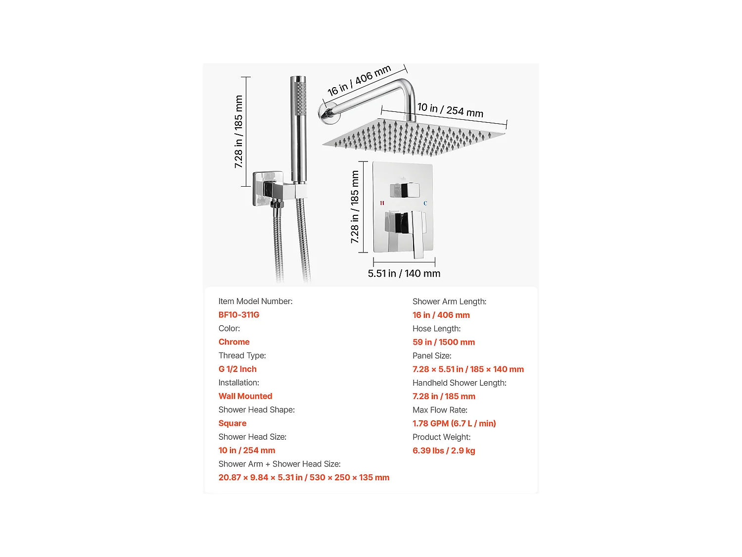 Colonne de Douche SucceBuy Kit de Douche, Système de Pluie avec Pommeau Carré 254 mm, Douchette à Main et Kit de Montage Mural, Finition Argentée