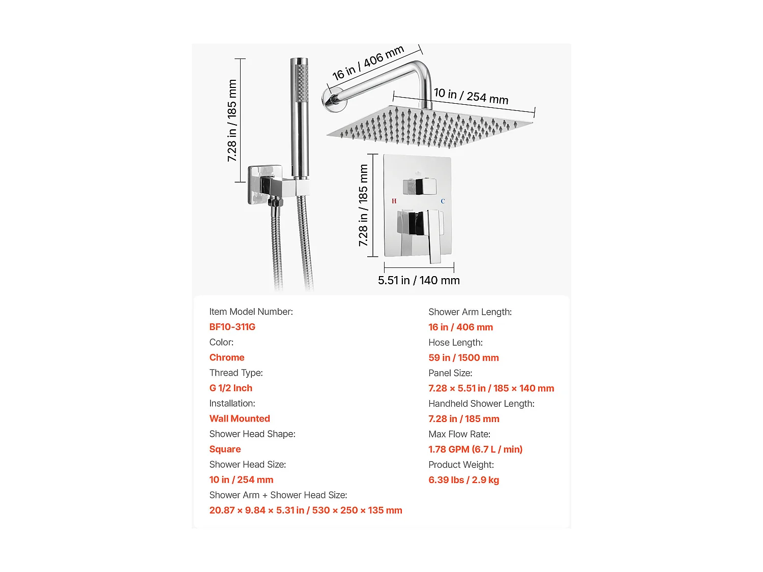 Duschsäule SucceBuy Duschset, Regenduschsystem mit 254 mm Quadratischem Duschkopf, Handbrause und Wandmontageset, Oberfläche Silber