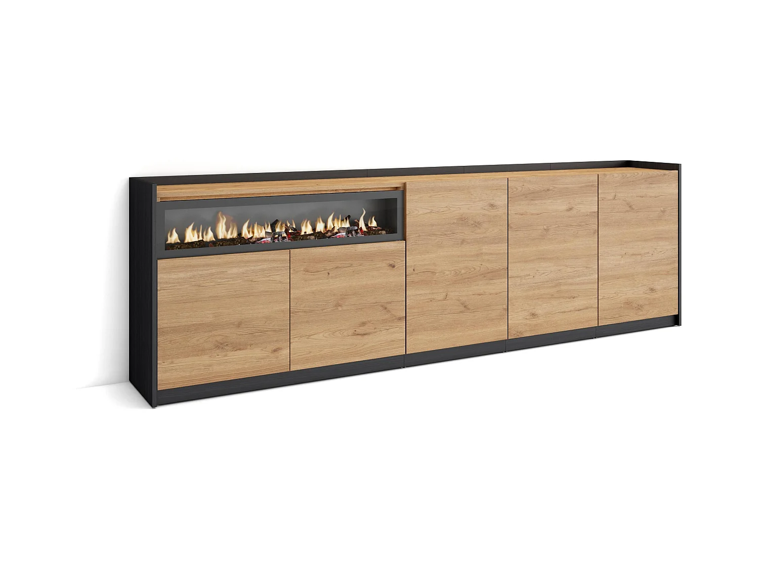 Credenza, Mobile, Cucina, 260x80x37 cm, 5 Porte, Camino elettrico, Rovere e nero
