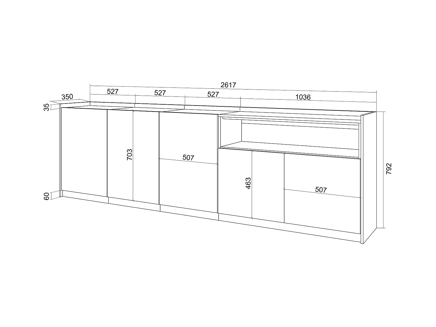 Buffet salon et cuisine, 260x80x37 cm, 5 Portes, Meuble chaussure, Noir et chêne