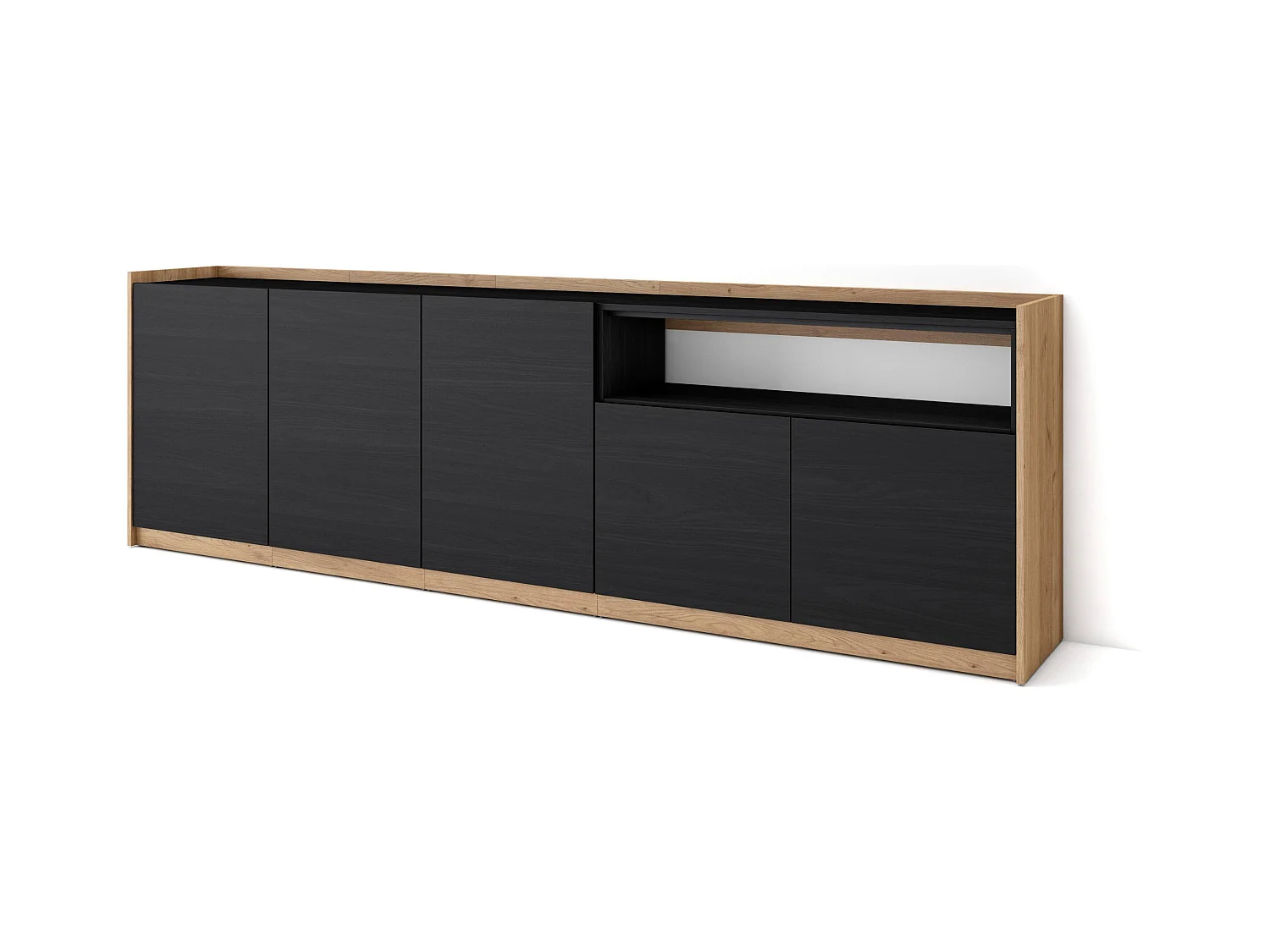 Dressoir, Opbergkast, 260x80x37 cm, 5 Deuren, Woonkamer, hal, Zwart/Eiken