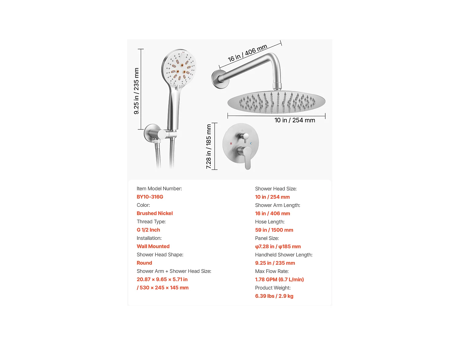 Colonne de Douche SucceBuy Kit de Douche, Système de Douche Pluie avec Pommeau Rond 254 mm, Douchette à Main et Kit de Garniture, Finition Nickel Brossé