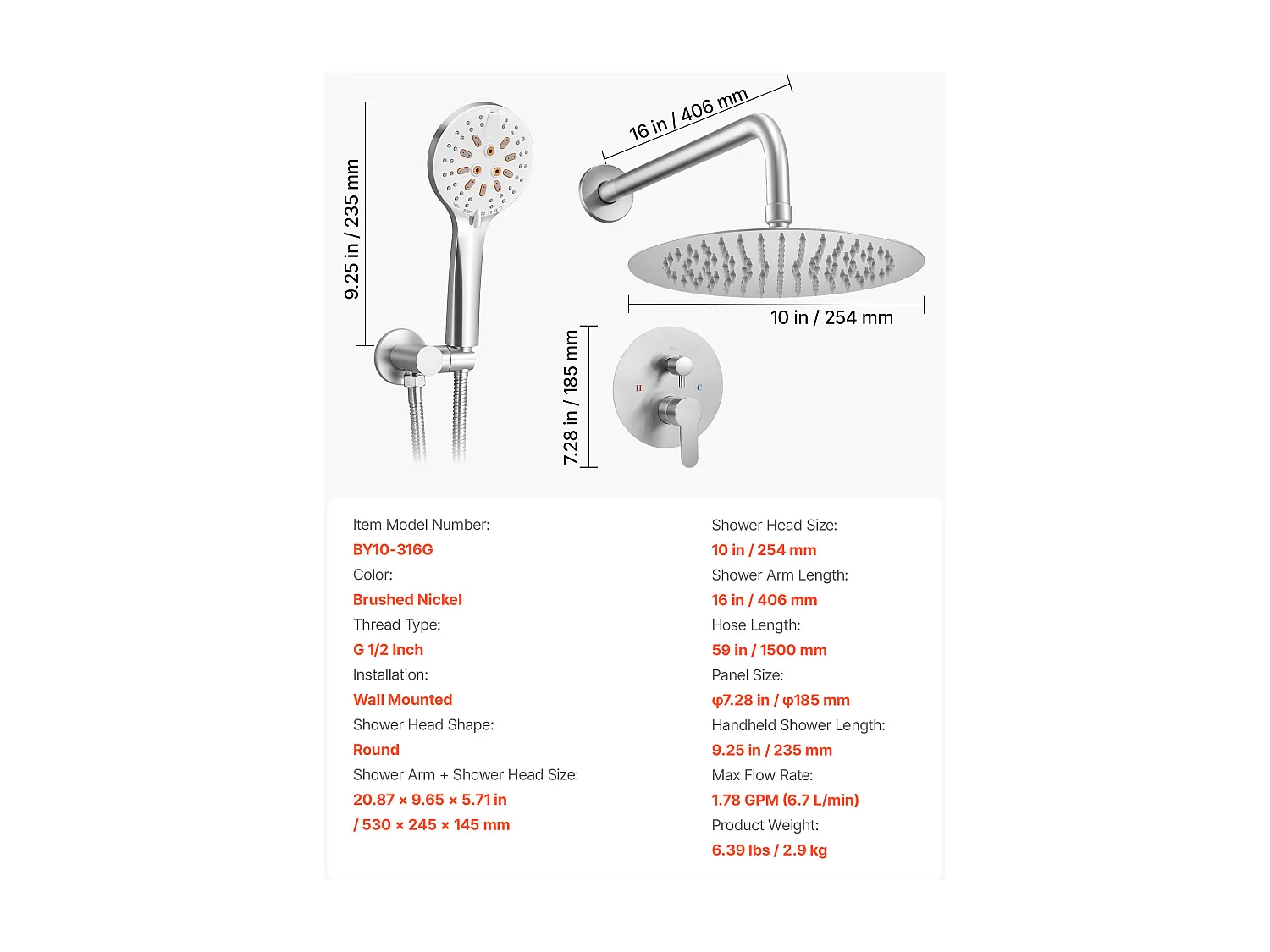 Kolumna Prysznicowa SucceBuy Zestaw Natryskowy, System Natryskowy z Deszczownicą, Okrągłą Głowicą Prysznicową 254 mm, Prysznicem Ręcznym i Zestawem Wykończeniowym
