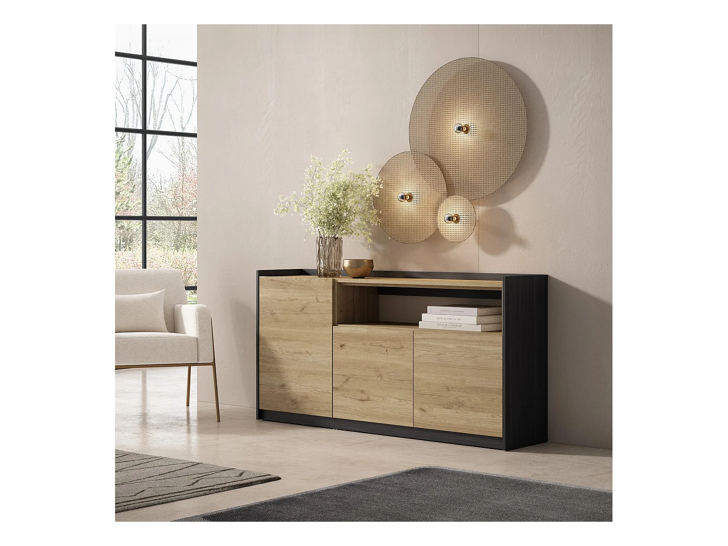 Credenza, Mobile, Cucina, 156x80x37 cm, 3 Porte, grande stoccaggio, Rovere e nero