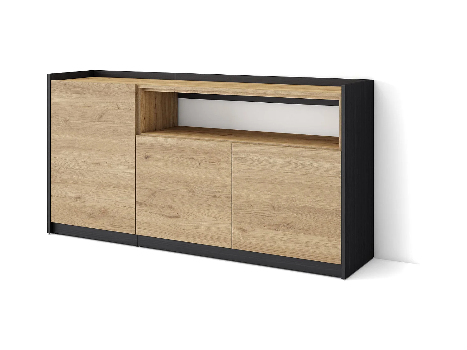 Credenza, Mobile, Cucina, 156x80x37 cm, 3 Porte, grande stoccaggio, Rovere e nero