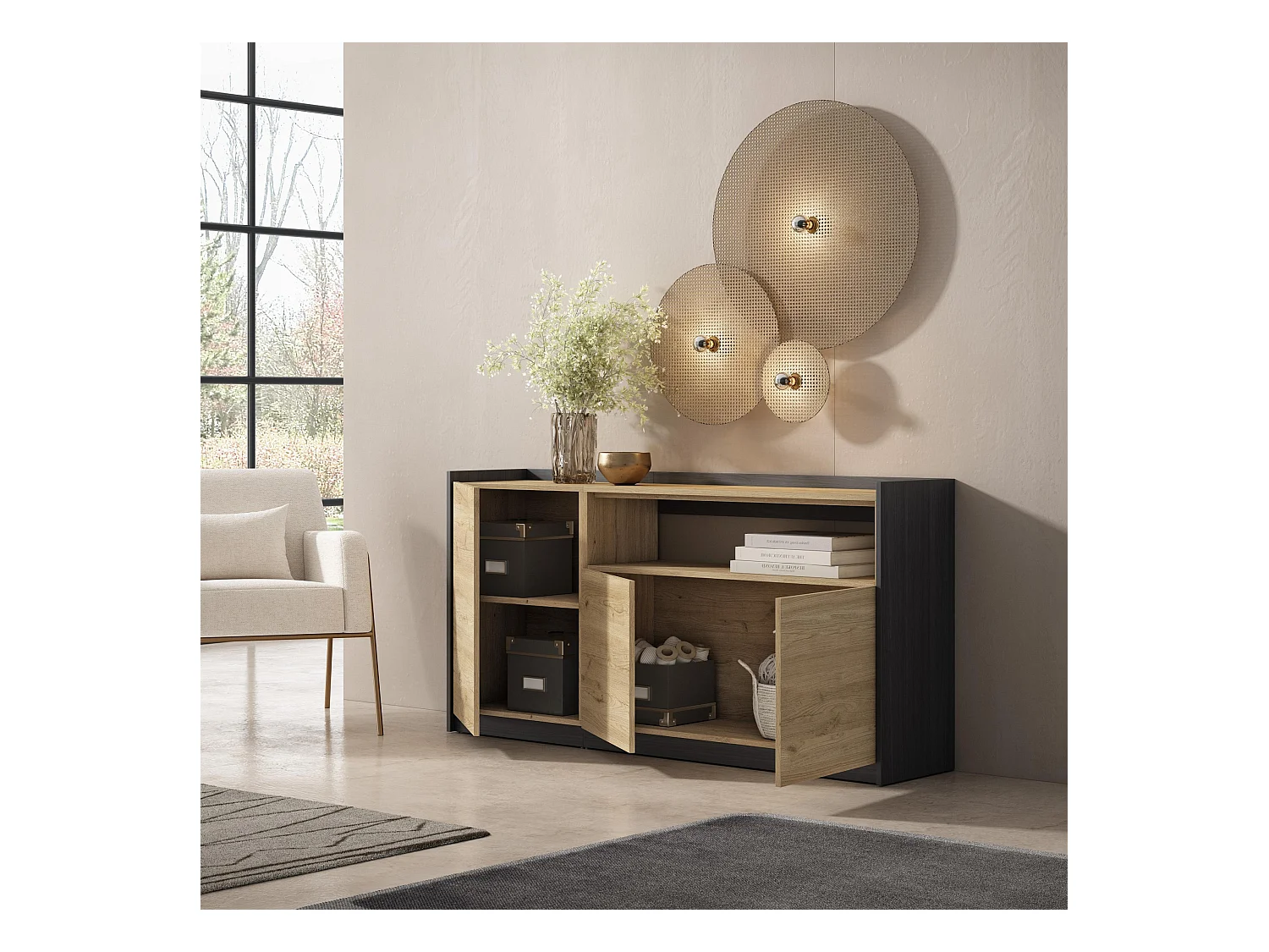 Credenza, Mobile, Cucina, 156x80x37 cm, 3 Porte, grande stoccaggio, Rovere e nero