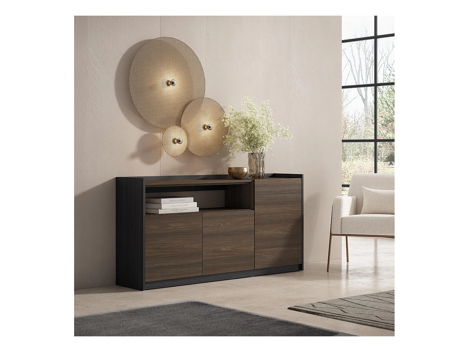 Buffet salon et cuisine, 156x80x37 cm, 3 Portes, Meuble chaussure, Chêne foncé et Noir