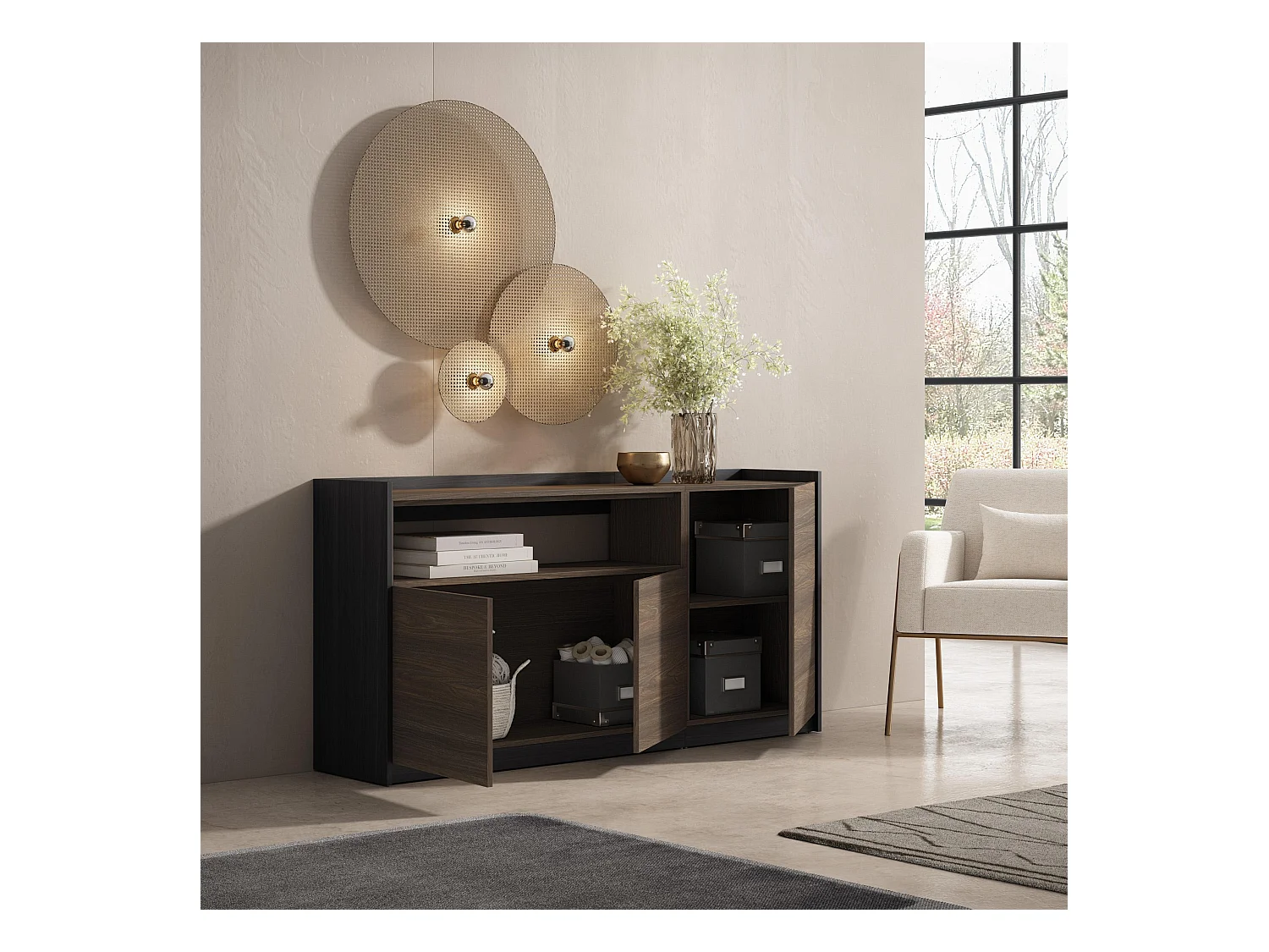 Buffet salon et cuisine, 156x80x37 cm, 3 Portes, Meuble chaussure, Chêne foncé et Noir