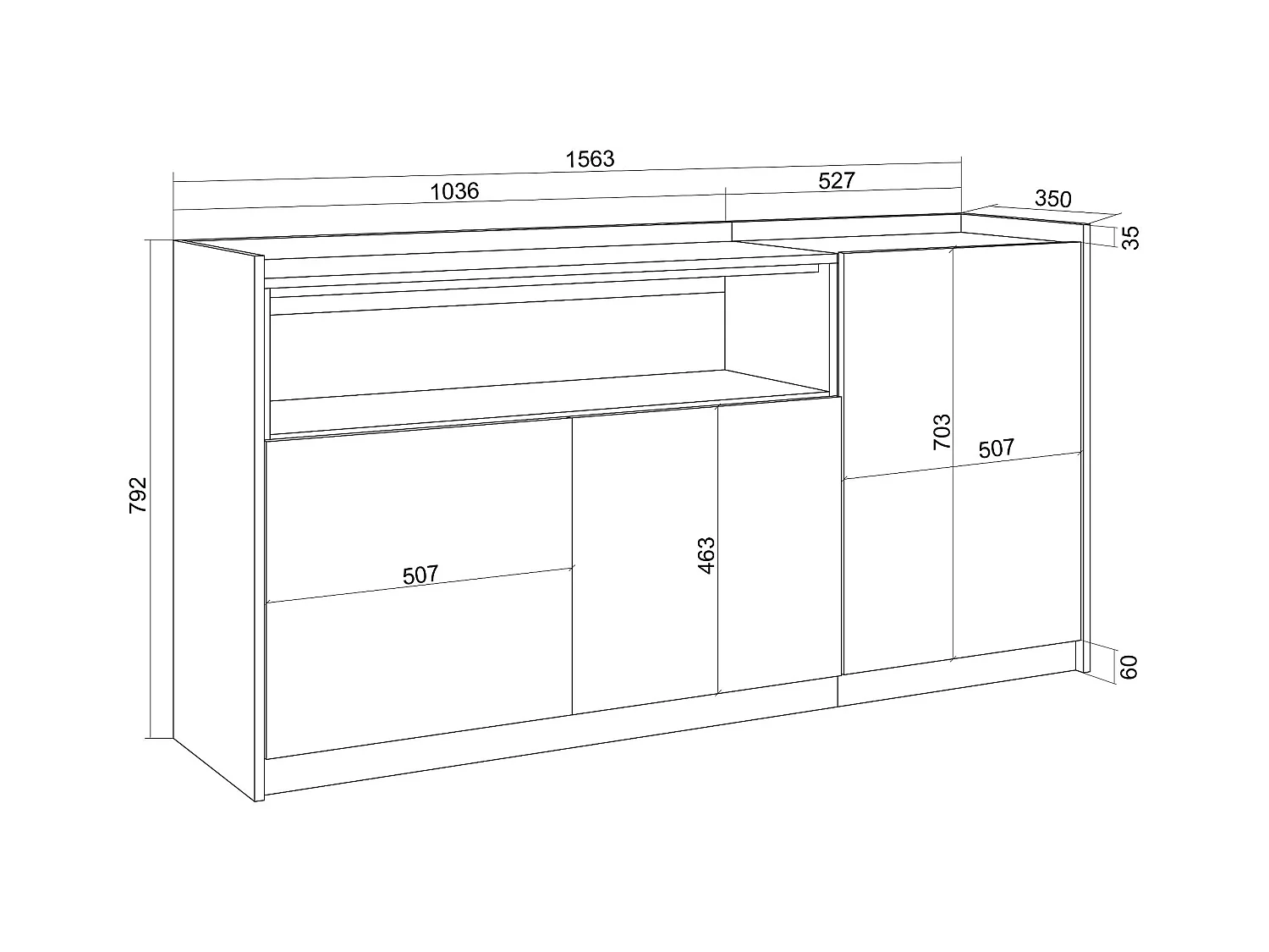 Buffet salon et cuisine, 156x80x37 cm, 3 Portes, Meuble chaussure, Chêne foncé et Noir