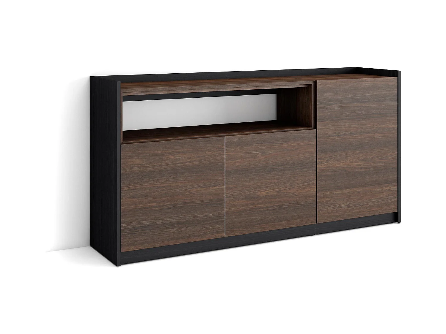 Dressoir, Opbergkast, 156x80x37 cm, 3 Deuren, Woonkamer, hal, Donkere eik en Zwart