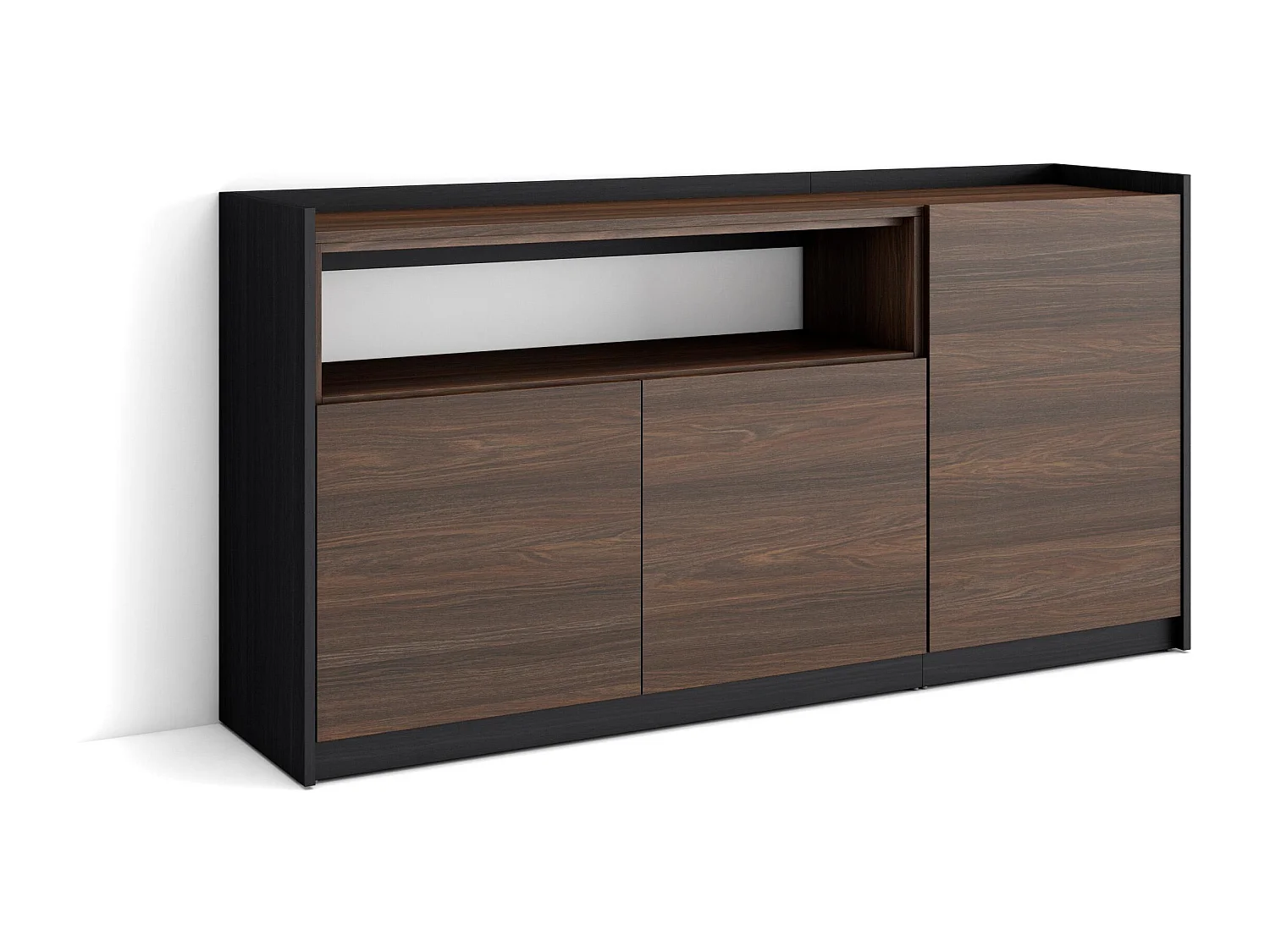 Dressoir, Opbergkast, 156x80x37 cm, 3 Deuren, Woonkamer, hal, Donkere eik en Zwart