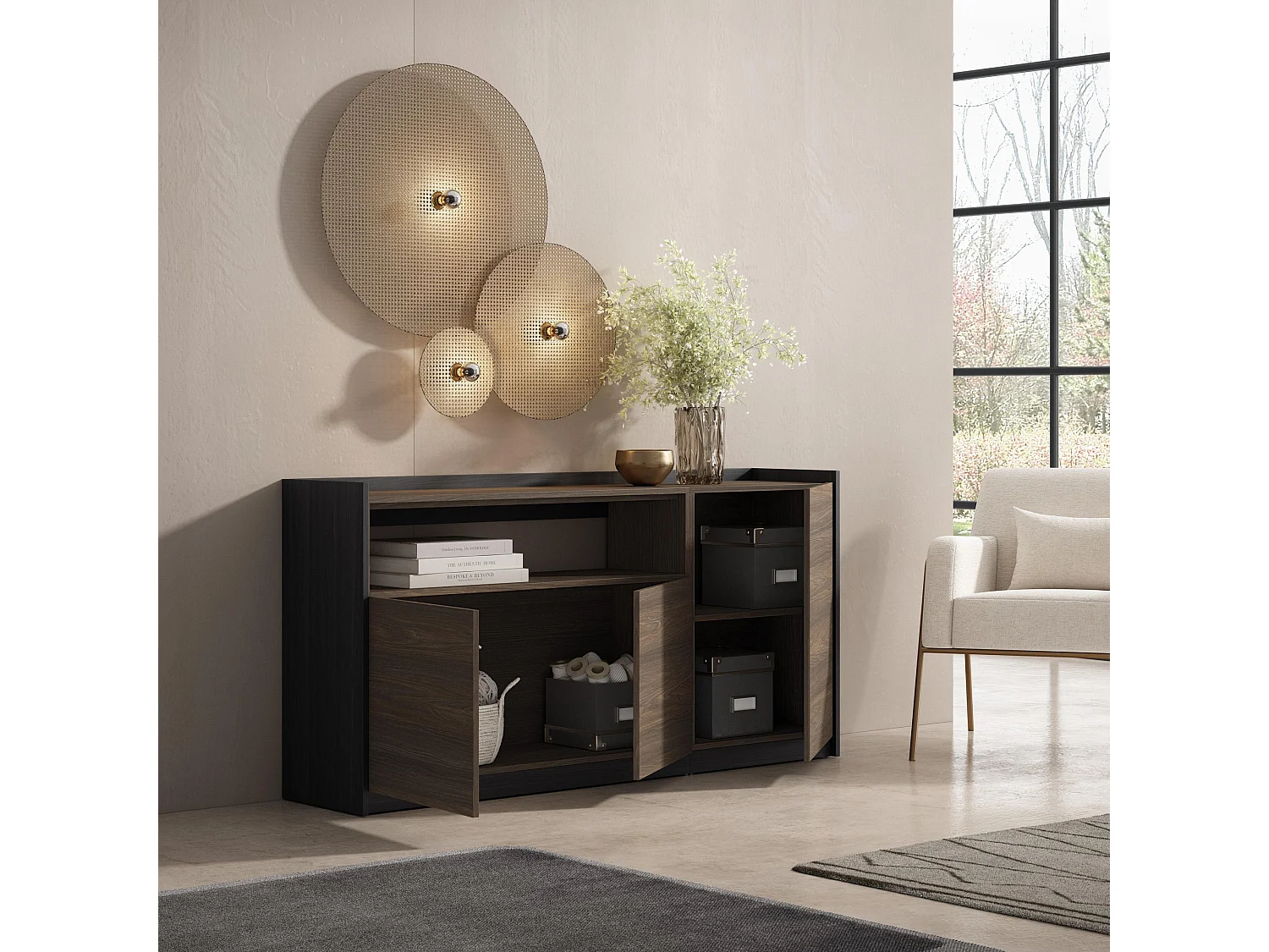 Dressoir, Opbergkast, 156x80x37 cm, 3 Deuren, Woonkamer, hal, Donkere eik en Zwart