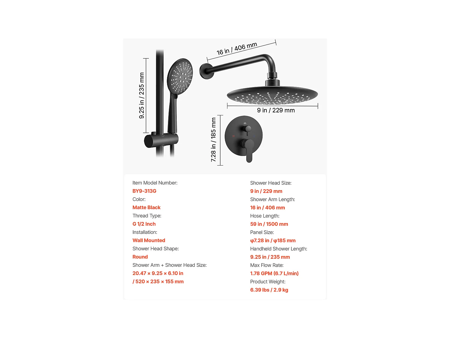 Colonne de Douche SucceBuy Kit de Douche, Système de Douche avec Pommeau de Tête Rond de 229 mm, Douchette à Main et Kit de Garniture, Finition Noir Mat