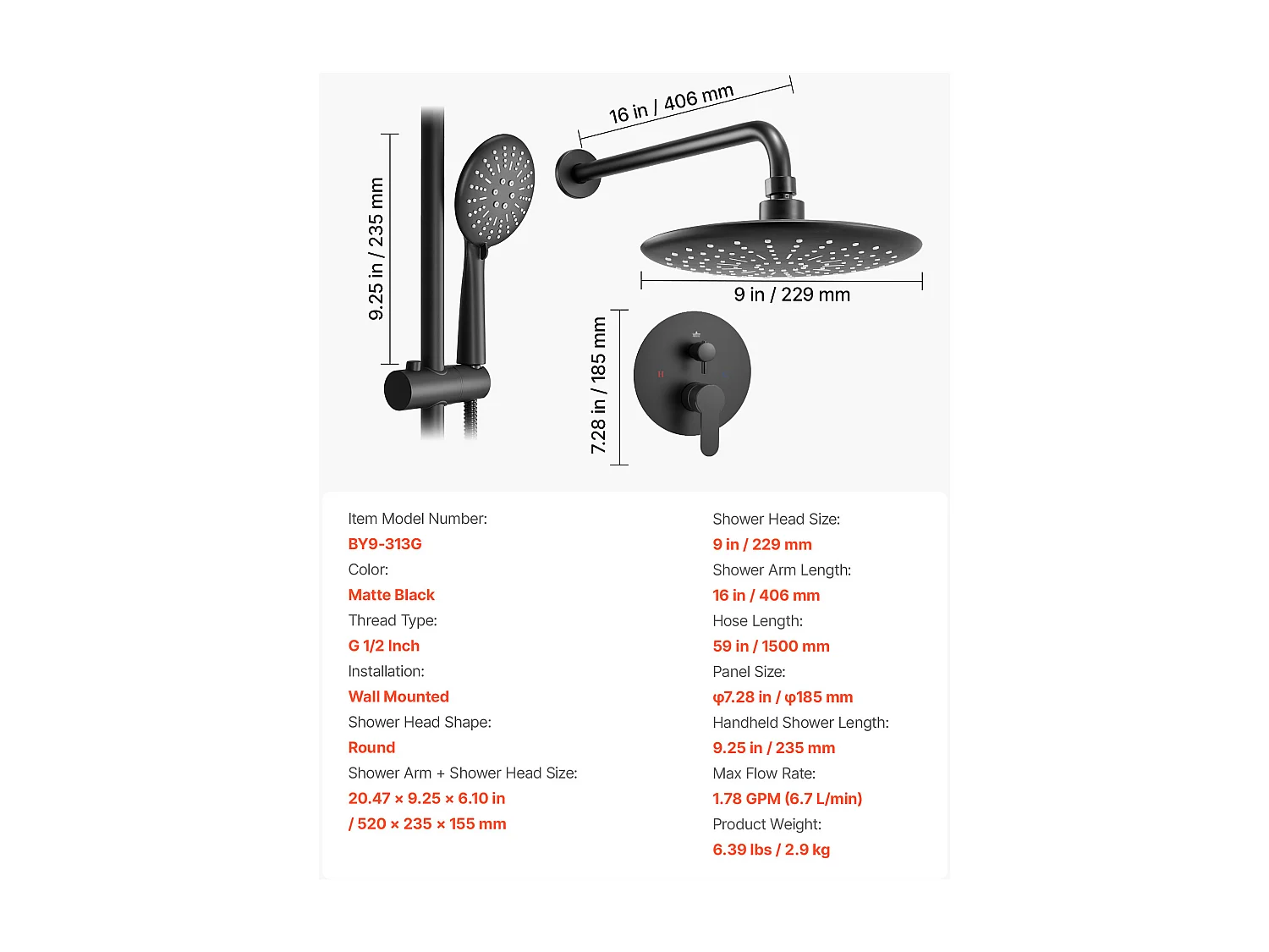 Colonne de Douche SucceBuy Kit de Douche, Système de Douche avec Pommeau de Tête Rond de 229 mm, Douchette à Main et Kit de Garniture, Finition Noir Mat