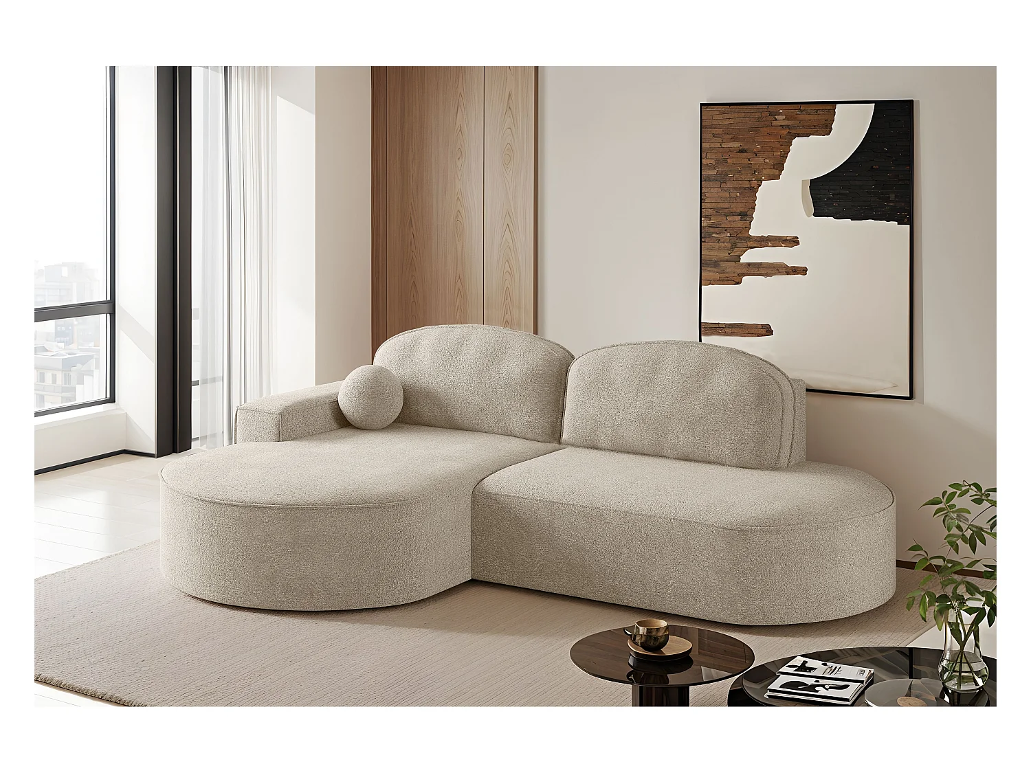 Canapé d'angle avec fonction couchage et coffre de lit Modena Round tissu Arena Beige Gauche