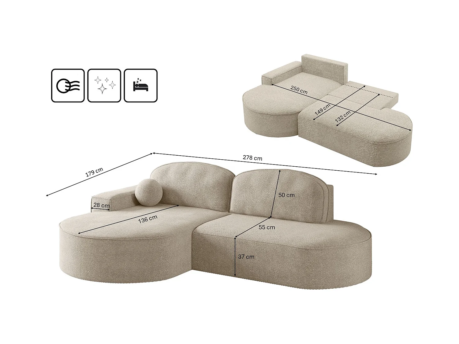 Canapé d'angle avec fonction couchage et coffre de lit Modena Round tissu Arena Beige Gauche